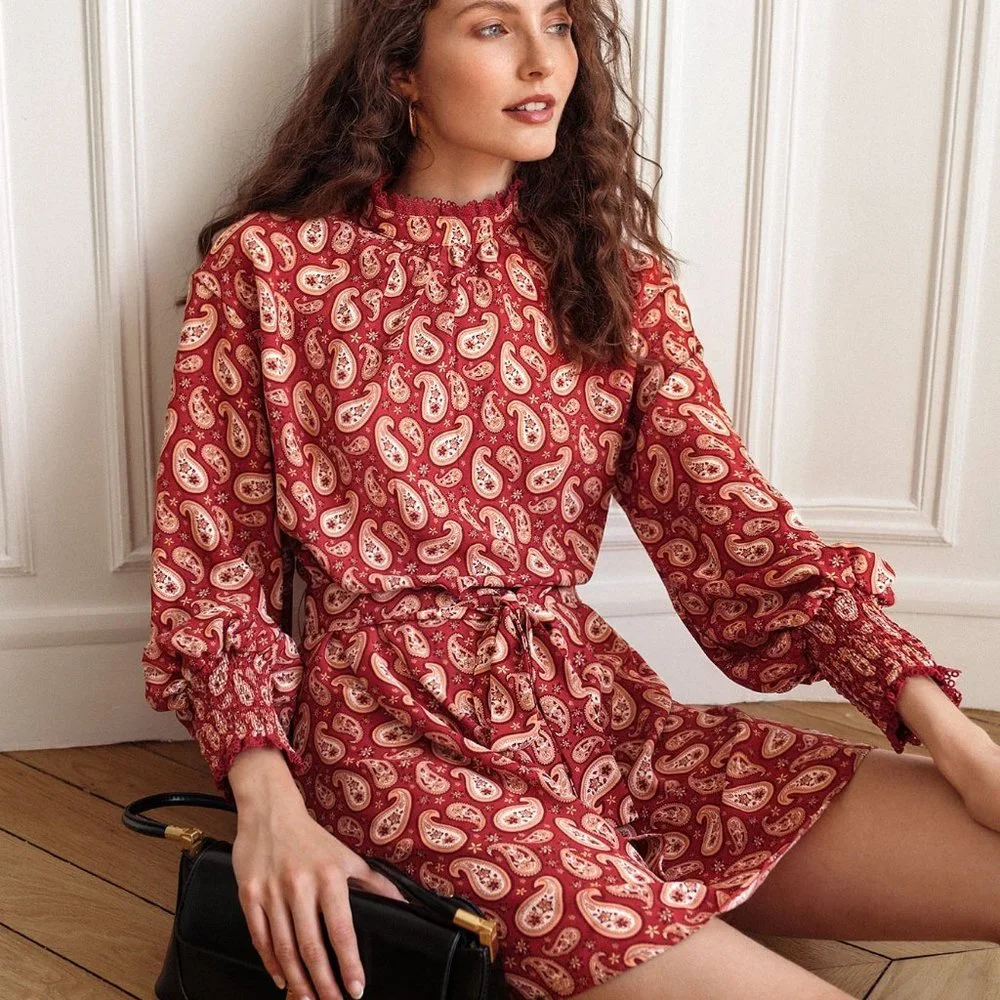 New Frenchy Paisley Print Shirred Cuff Belted Dress - Picture 1 of 8